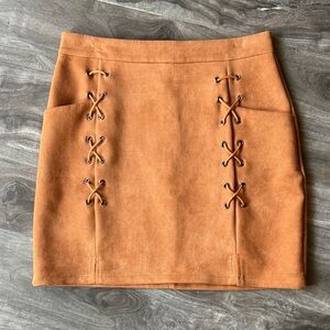 Suede Mini Skirt with Lace-Up Detail | Camel Brown | Festival Boho